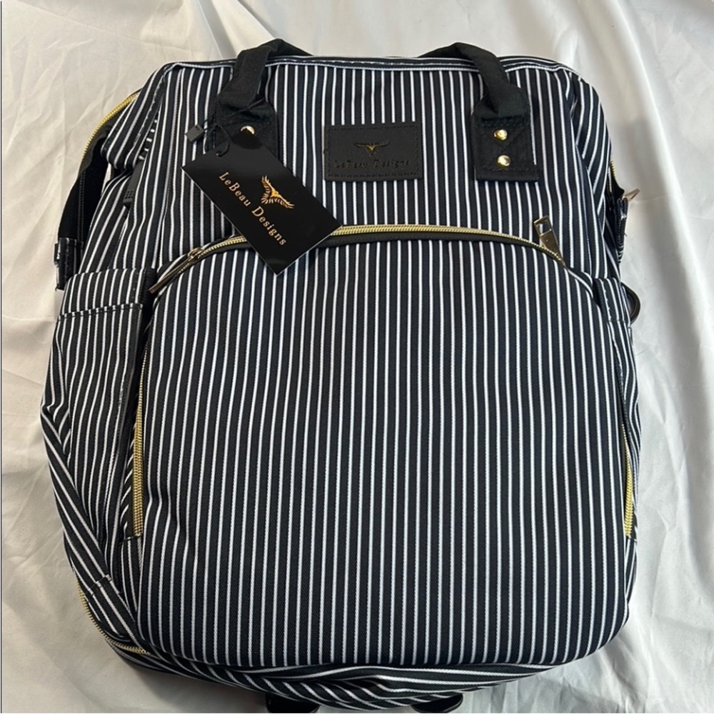 LaBeau designs striped diaper bag w/changing table inside on the go(NWT)